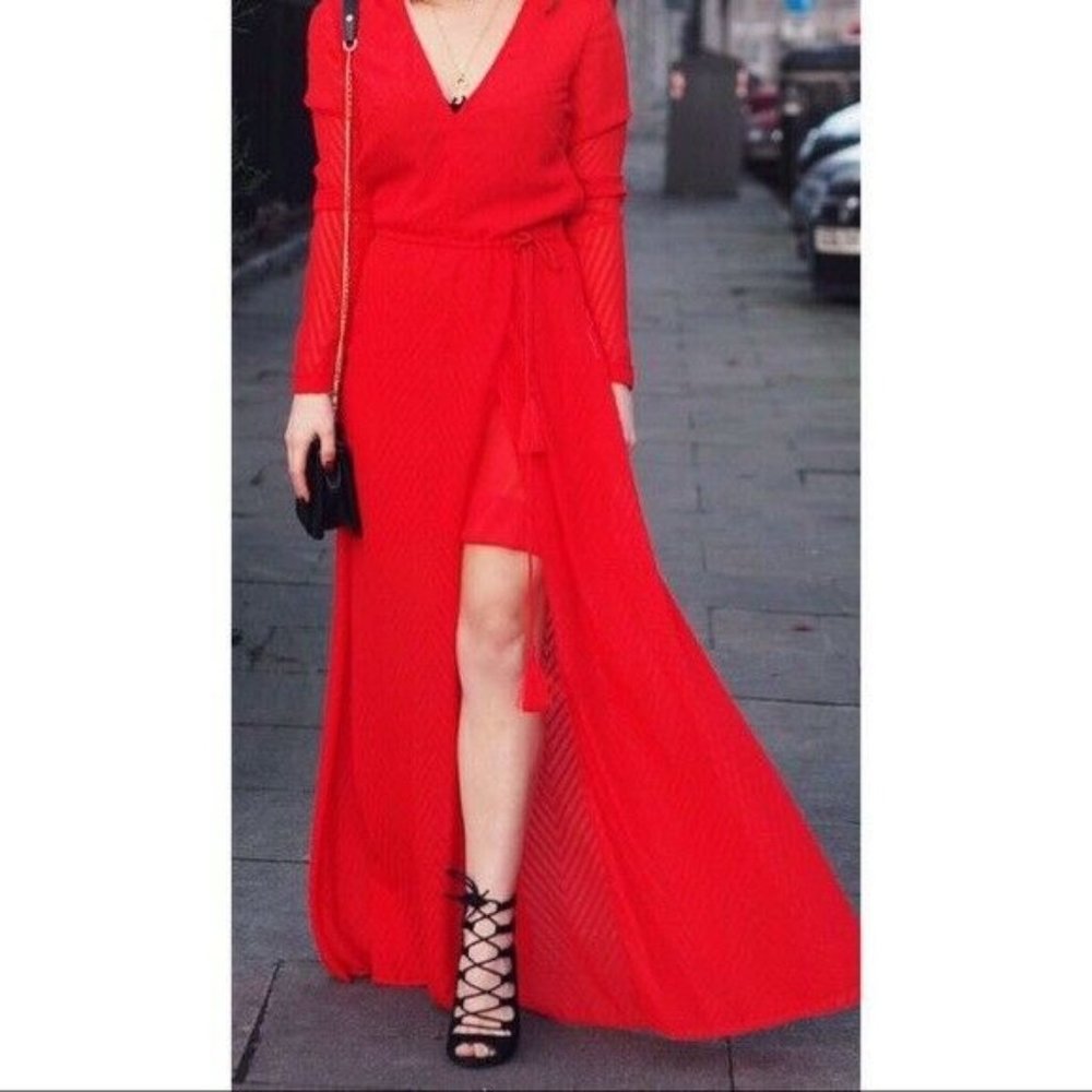 NWOT H&M Red Maxi Wrap Dress Tassel Sheer Sz 6 Valentines As Seen On Katy Perry